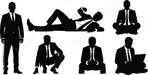Set of black businessman silhouettes in various poses, professional male character icons sitting, standing and working with laptop isolated vector illustration set