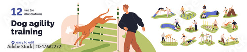 Dog agility training outdoors. Puppies, obstacle equipment at playground. Canine exercising, jumping hurdles, running through tunnel. Flat graphic vector illustrations set isolated on white background
