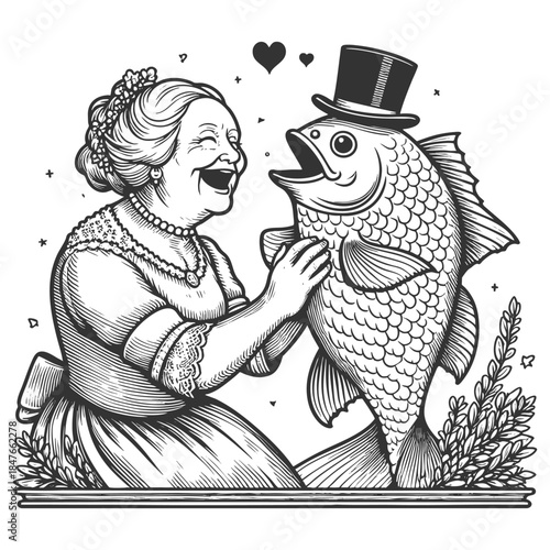 elderly woman affectionately holding a large fish wearing a top hat, with hearts above sketch engraving generative ai fictional character vector illustration. Scratch board imitation. Black and white.