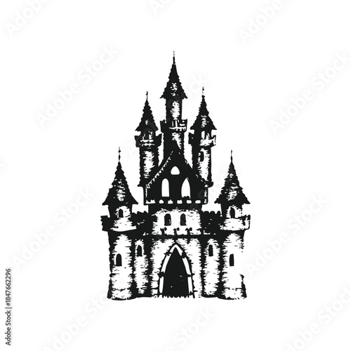 Black and white gothic castle illustration, medieval tower vintage grunge horror style vector art