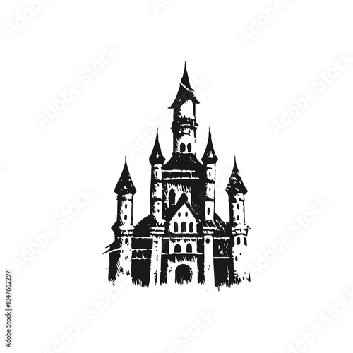 Black and white gothic castle illustration, medieval tower vintage grunge horror style vector art