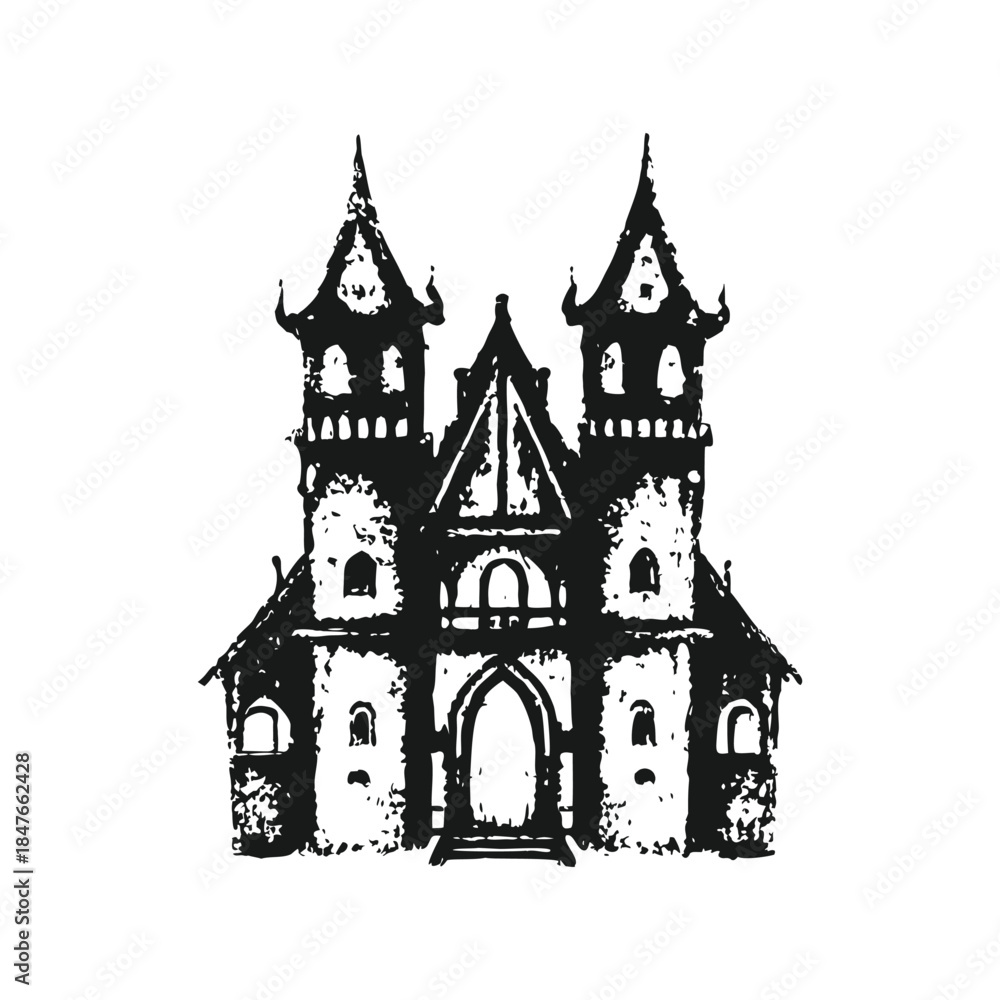 Obraz premium Black and white gothic castle illustration, medieval tower vintage grunge horror style vector art