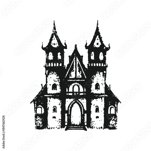 Black and white gothic castle illustration, medieval tower vintage grunge horror style vector art