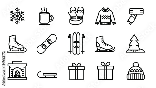 Winter Season Icons Collection Featuring Snowflakes, Hot Drinks, and Winter Sports Gear.