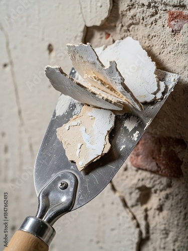 Plaster Removal Using Trowel Reveals Underlying Brick and Wall Texture