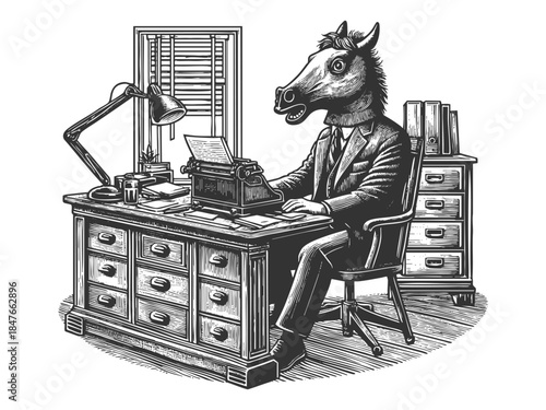 man with a horse head, wearing a suit and working at a typewriter in a classic office sketch engraving generative ai fictional character vector illustration. Scratch board. Black and white image.