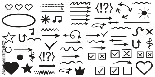 Hand drawn doodle arrow shapes and symbols vector illustration isolated on white background