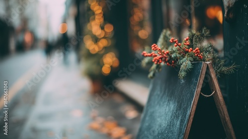 Fototapeta Naklejka Na Ścianę i Meble -  Sign on street decorated for winter with berries and greenery