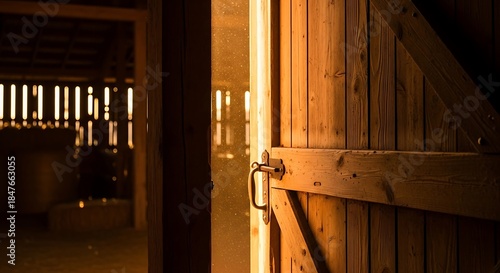 Rustic barn door revealing warm interior light, inviting mystery and history