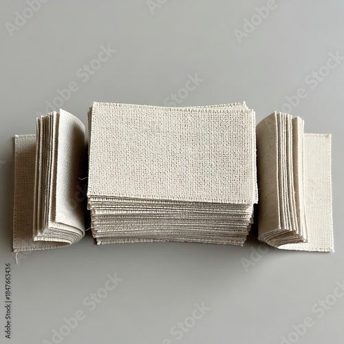 Stacks of square-cut canvas cloth arranged symmetrically on grey surface