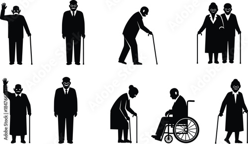 Set of elderly people silhouettes and senior citizens collection isolated on white background, disabled old men and women with walking canes,