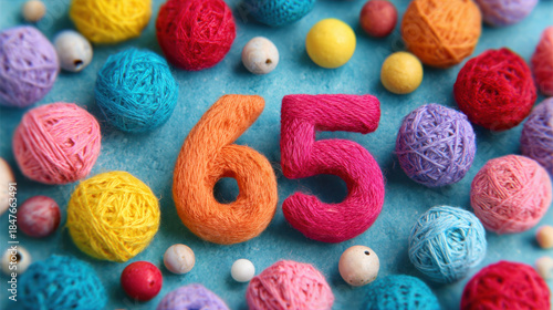 Colorful yarn balls and number 65 create a festive scene for celebration