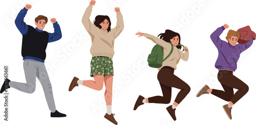 Set of happy diverse students jumping for joy, celebrating success, back to school achievement, and excited young people with backpacks