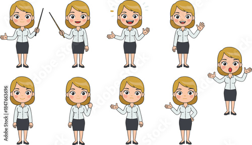 Set of cute blonde woman character in professional office attire with various gestures, pointing, waving, and showing different facial expressions