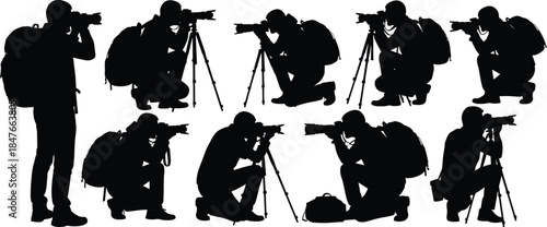 Set of photographer silhouettes with camera, tripod and backpack, isolated collection of men taking pictures, crouching and standing, professional photo journalist or tourist concept vector.