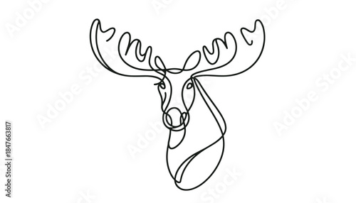 Stylized moose head line art illustration in black on transparent background