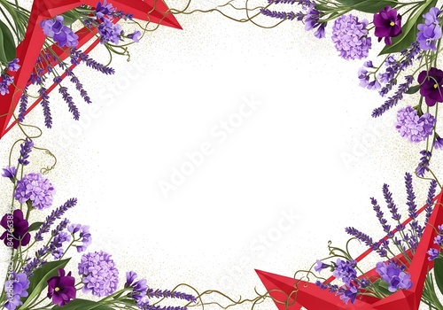 Vibrant floral frame with lavender, hydrangea and geometric red accents