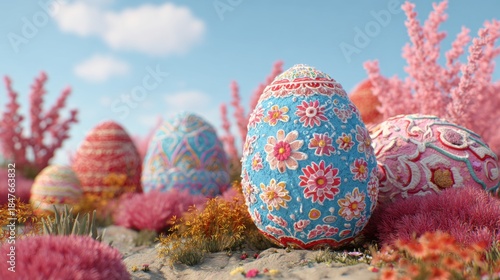 Colorful decorated eggs in a spring landscape filled with flowers and plants