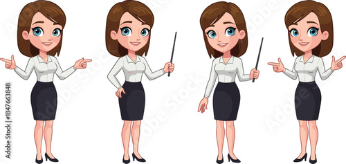 Set of professional brunette businesswoman character in office attire with various poses, using a pointer, gesturing, and smiling for corporate marketing