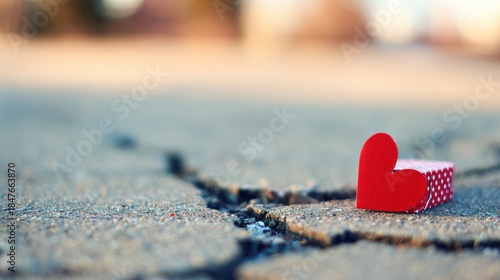 Fototapeta Naklejka Na Ścianę i Meble -  Small red heart placed on cracked pavement during daytime in a public space