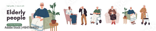 Elderly people set. Old retired characters life, mobility. Senior elder men and women sitting in armchair, wheelchair, walking with cane, walker. Flat vector illustration isolated on white background