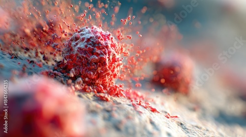 Cells burst, releasing colorful particles during observation