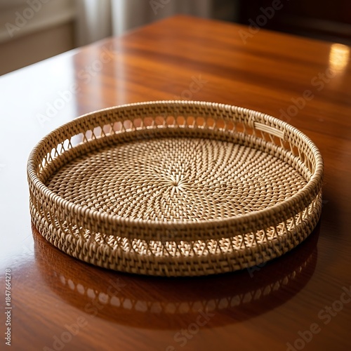 Wickerwork Serving Tray on Polished Wood Surface still life style
