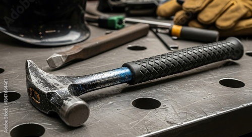 Workshop table with a ball-peen hammer and various tools, gloves, and helmet