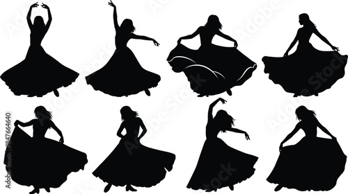 Woman dancing silhouette vector collection set, featuring elegant female figures in long flowing dresses with various hand and body poses, perfect for dance and fitness concepts.