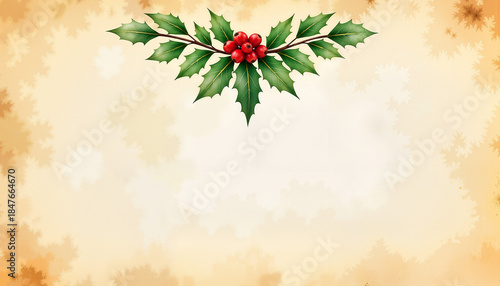 Holly leaves and red berries on a textured background. Concept of festive decoration, holiday celebration, or seasonal greeting. Useful for Christmas-themed graphics or invitations.