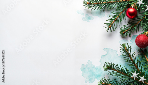 Christmas decorations featuring green pine branches, red ornaments, and a blank space for holiday messages or greetings. Ideal for festive greeting cards, invitations, or seasonal promotions.