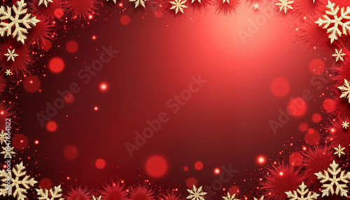 Festive red background with golden snowflakes and bokeh lights. Ideal for Christmas celebration, holiday greetings, or seasonal marketing.