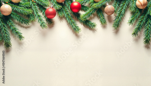 Christmas decorations with pine branches and ornaments on blank background. Concept of holiday celebrations and festive gatherings. Useful for seasonal marketing and greeting cards.