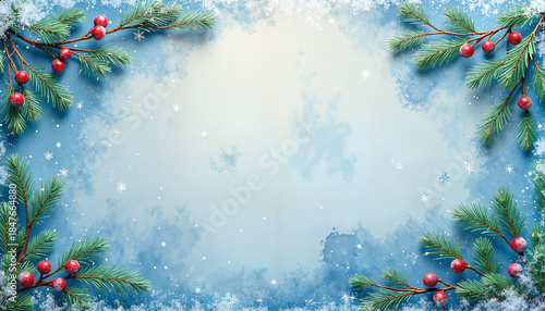 Winter holiday background featuring snowflakes, pine branches, and red berries. Perfect for seasonal greetings and festive decorations. Ideal for cards, social media posts, or marketing materials.