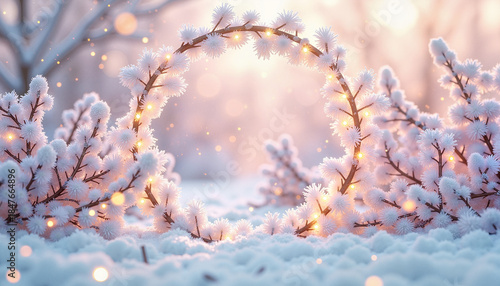 Winter landscape featuring snow-covered branches and glowing lights, capturing serene beauty of nature in the cold season. Concept of winter wonderland and holiday ambiance.