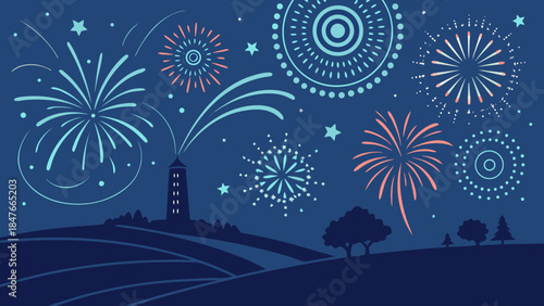 Festive Night Sky with Exploding Fireworks and Lighthouse Landscape Illustration