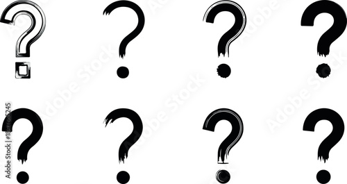 Eight varied black brushstroke question marks arranged in two rows