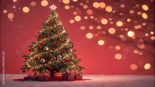 Christmas Tree With Ornament And Bokeh Lights In Red Background

