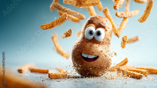 A cartoon potato looked up with a happy and surprised smile, watching a pile of messy French fries fall from the air