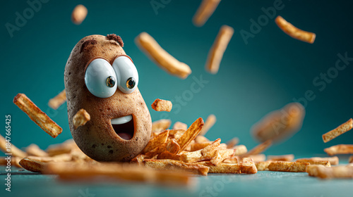 A cartoon potato looked up with a happy and surprised smile, watching a pile of messy French fries fall from the air