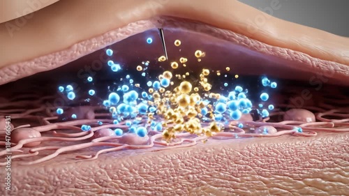 Microscopic view of a needle injecting blue and yellow particles into human tissue, illustrating drug delivery or a medical procedure.