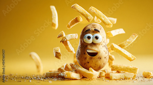A cartoon potato looked up with a happy and surprised smile, watching a pile of messy French fries fall from the air