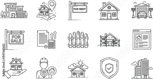 Real Estate and Property Line Icons Set, House For Sale, Home Construction, Location Pin, and Building Outline Symbols Vector Collection