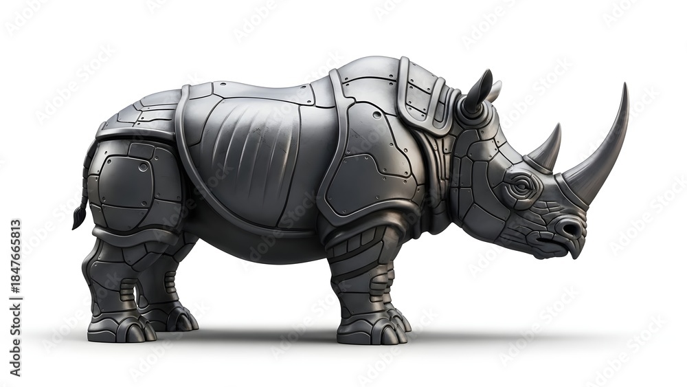 Fototapeta premium Metallic rhinoceros armor plating white background studio shot image