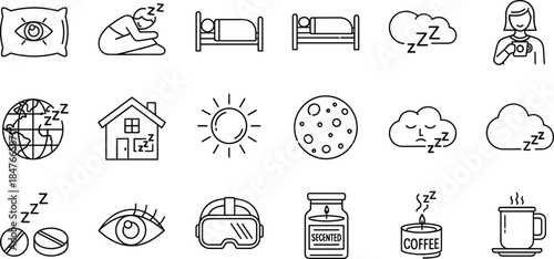 Relaxation and Wellness Including Sleeping Person, Bed, Zzz Symbol, Pillow, Coffee, Candle, and Sleeping Pills Vector Illustration