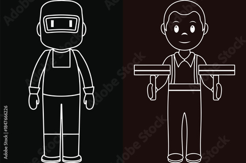 Welder Cartoon Illustration With And Without Mask