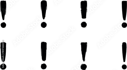 Eight black brushstroke exclamation points arranged in two rows of four