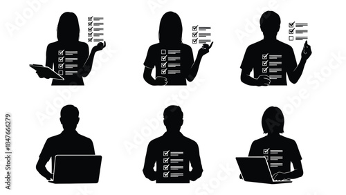 Silhouettes of diverse people completing tasks and working on laptops with checklists