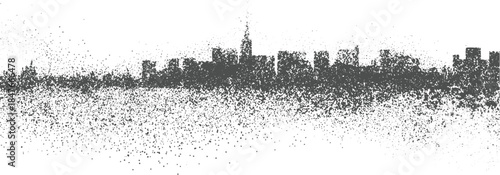 Dark gray abstract cityscape silhouette formed by scattered dots and shapes on a white background