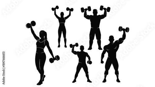 Collection of diverse male and female silhouettes performing dumbbell weightlifting exercises